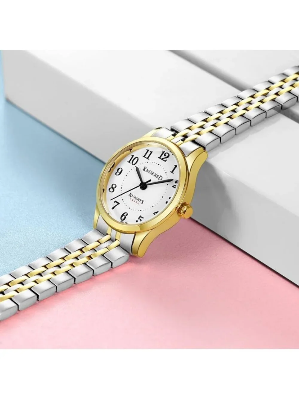 Women's Silver Gold Solid Stainless Steel Band Easy to Read Dial Wrist Watch